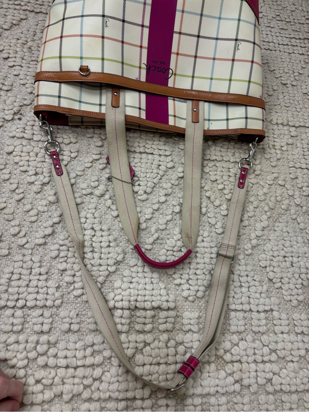 Coach Cream Plaid Canvas Tote with Pink Center Stripe and Tan Trim - Picture 8 of 14